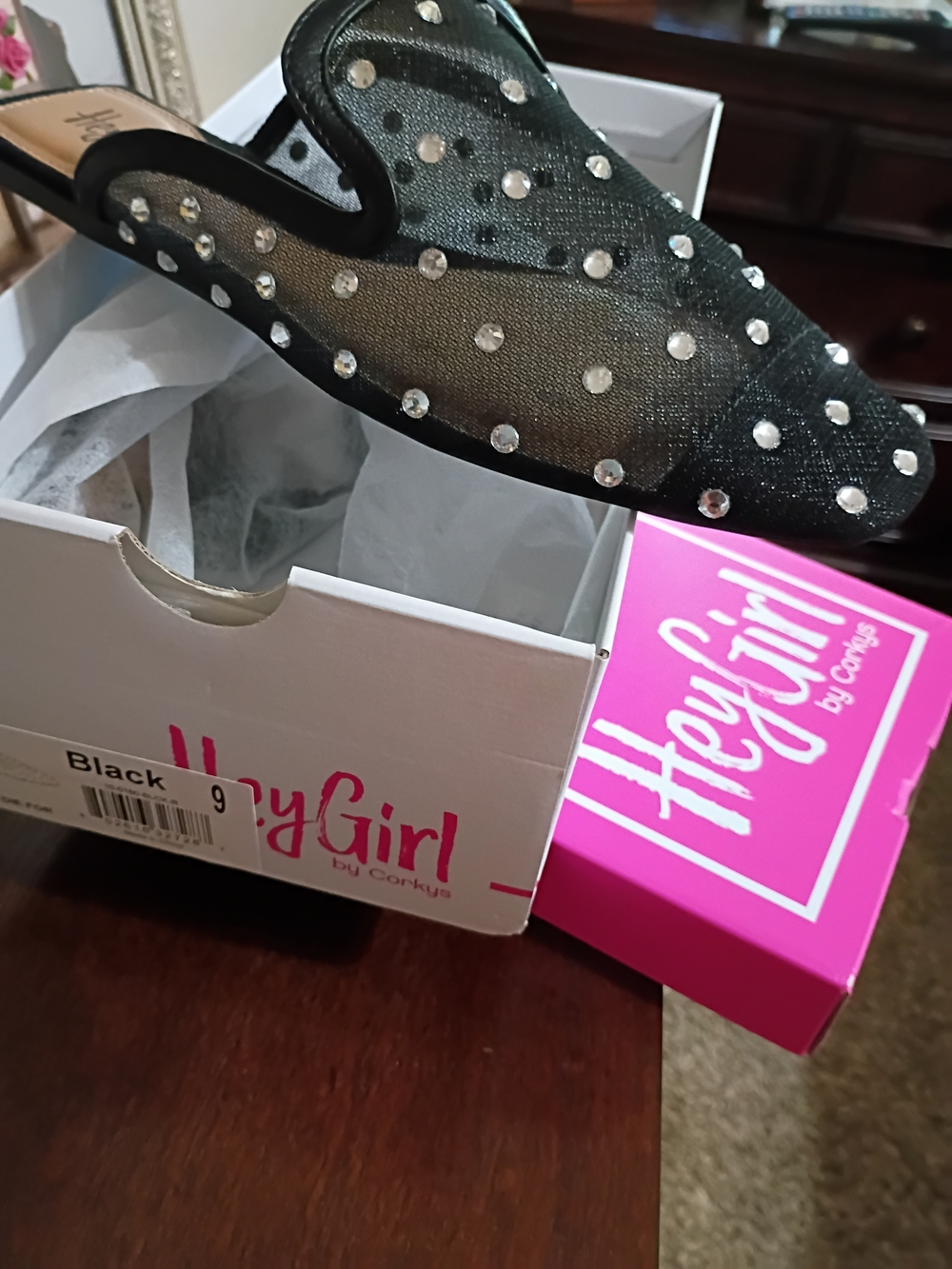 Hey Girl by Corkys Black Embellished Sheer Mule
